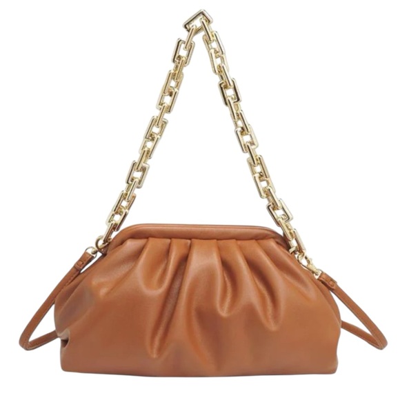 Handbags - Ruched Gold Chain Brown Faux Leather Bag Clutch Closure Shoulder Bag Classic Bag